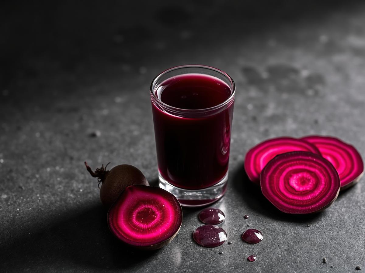 Deep crimson aronia beet shot beside sliced raw beetroot