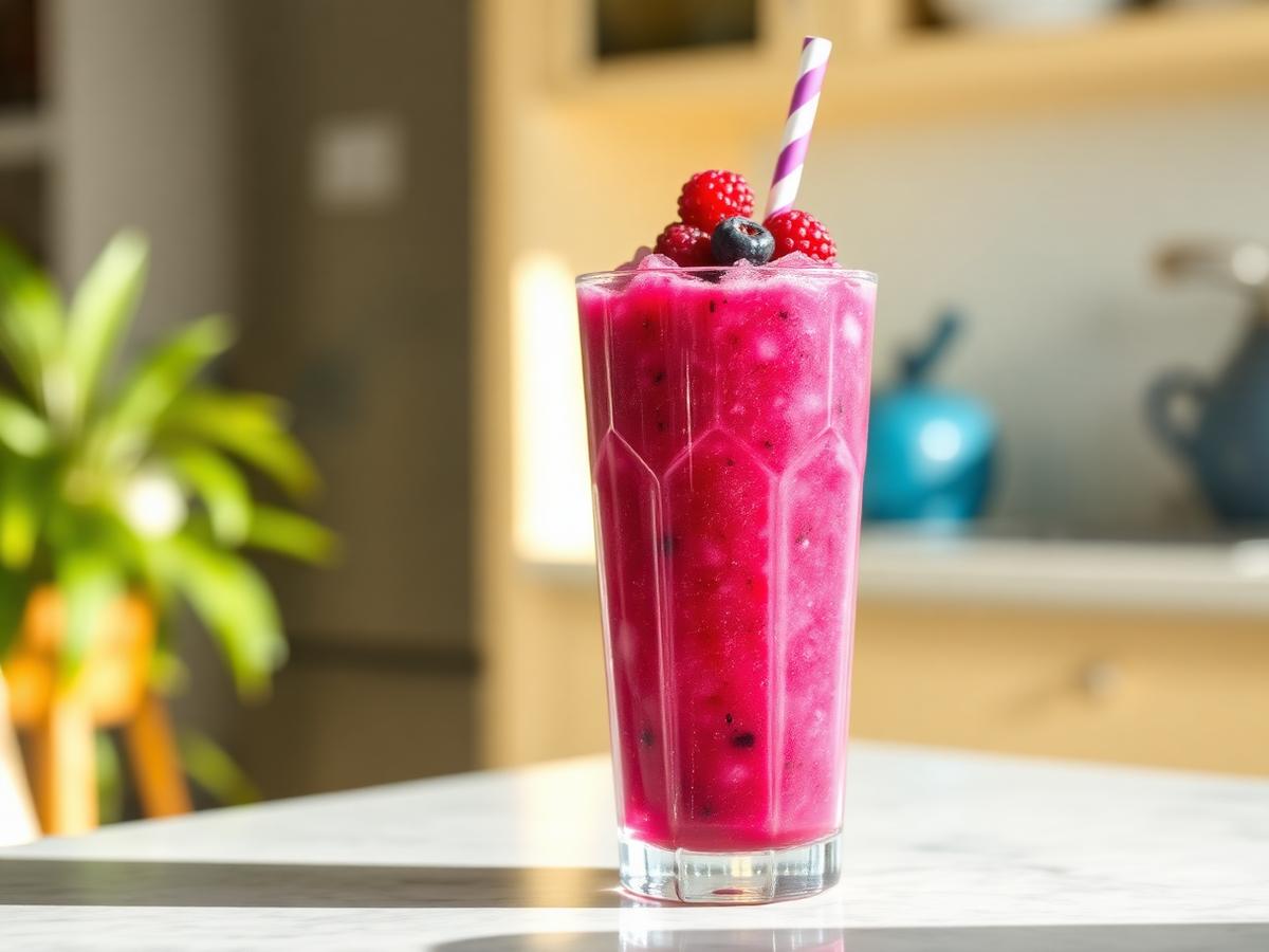 Vivid purple aronia berry slushie in a tall glass with a striped straw