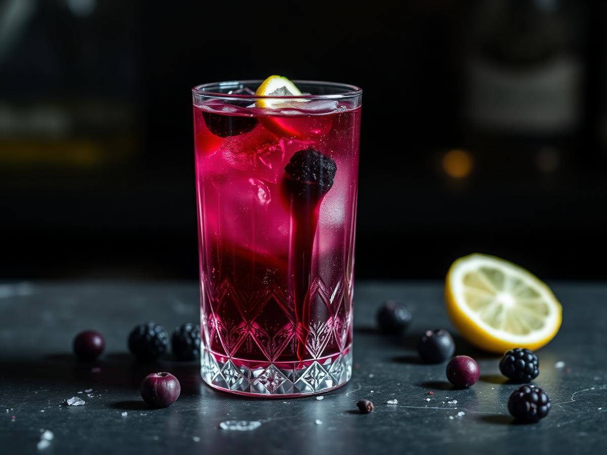 Aronia bramble cocktail over crushed ice with a lemon wheel