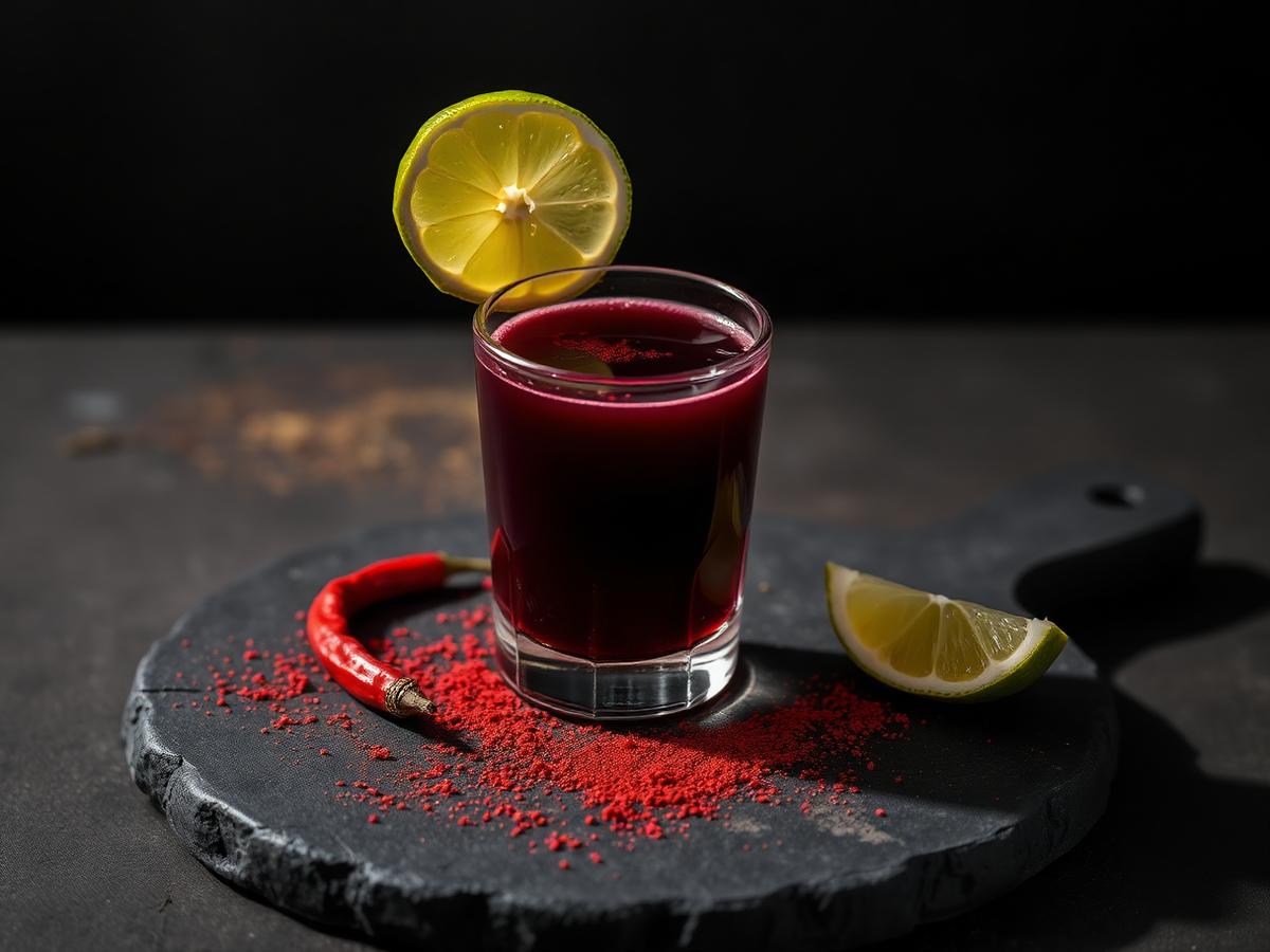 Dark aronia cayenne shot on slate with red chilli and lime