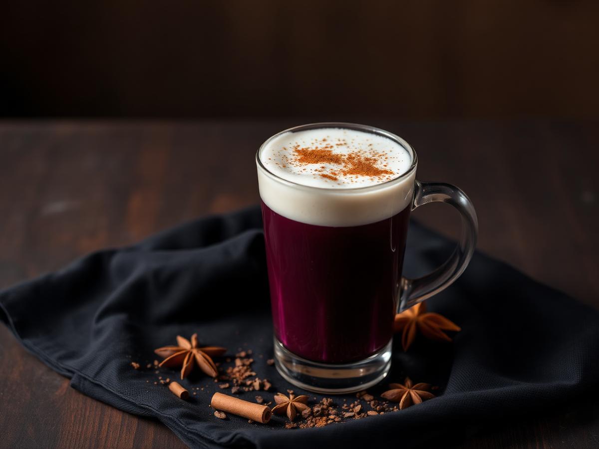 Tall glass of aronia chai latte with foamed milk and cinnamon dust