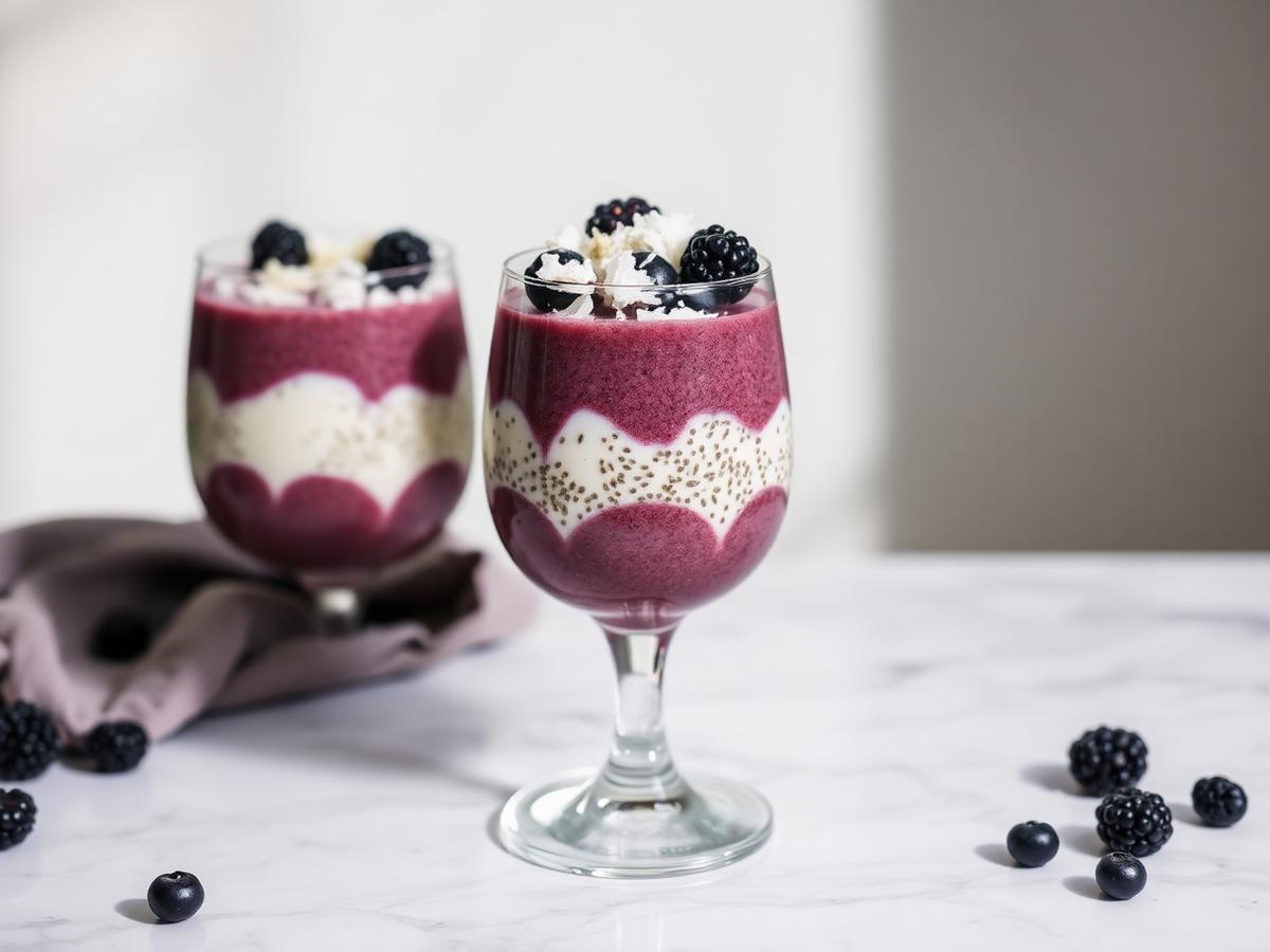 Layered aronia chia pudding in a stemmed glass topped with coconut and berries