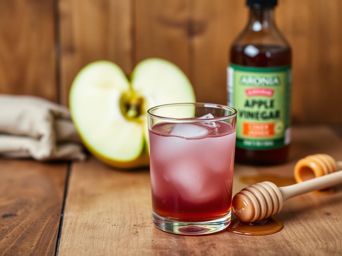 Aronia apple cider vinegar shot in a small glass with a green apple and honey