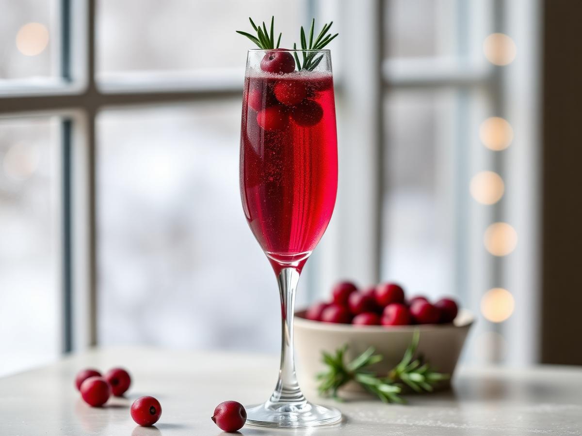 Champagne flute of aronia cranberry fizz with rosemary and cranberries