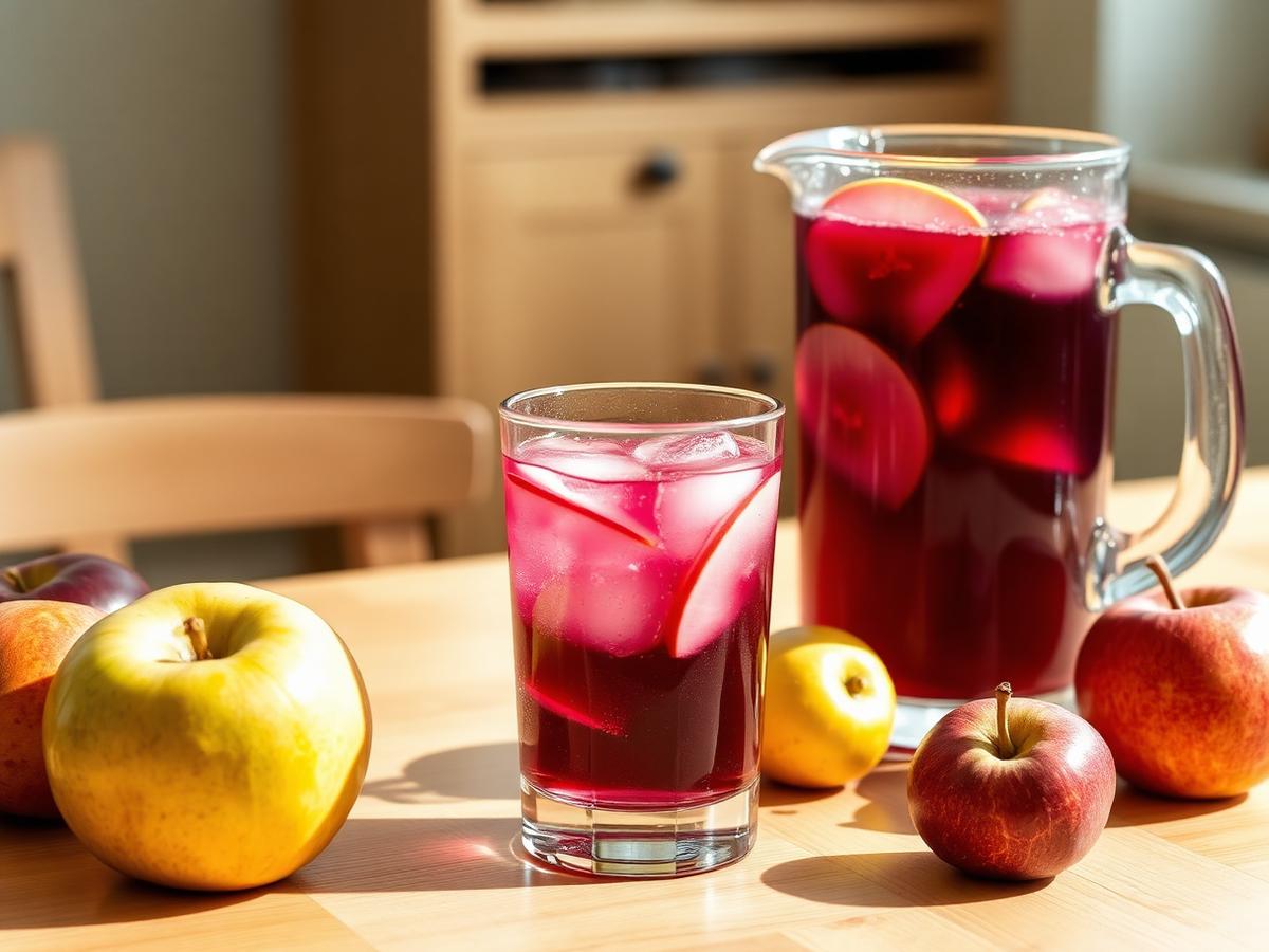 Pitcher of aronia fruit punch with apple and pear slices