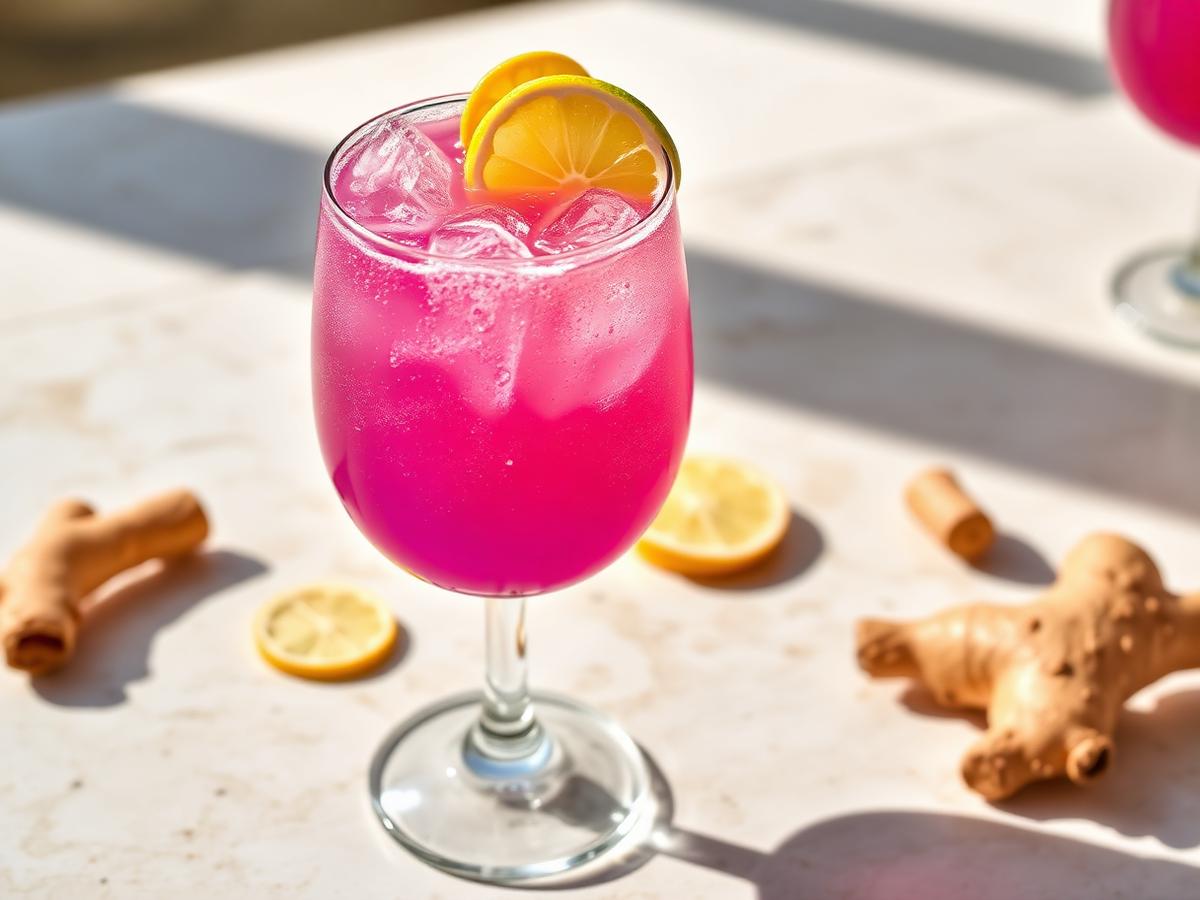 Aronia ginger fizz in a stemmed glass with lemon and fresh ginger