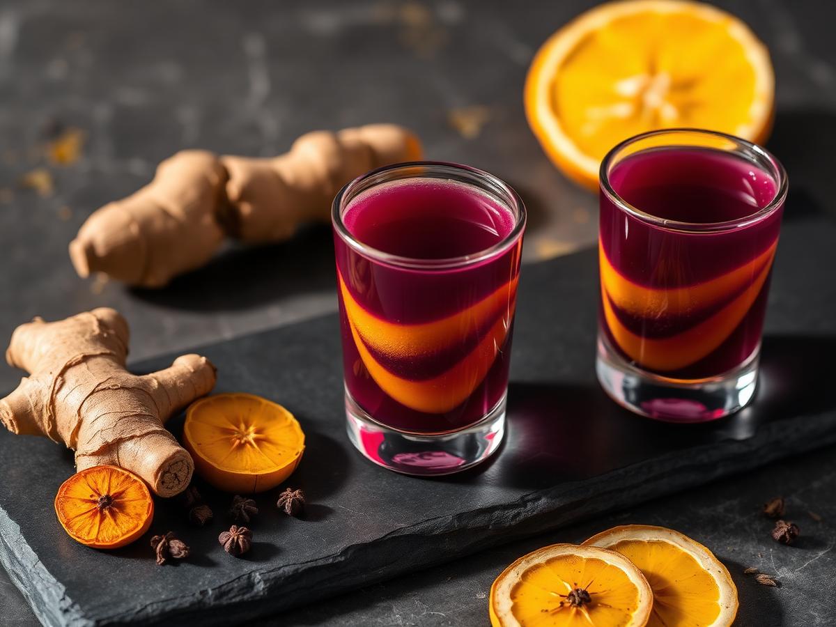Two shot glasses of layered purple and golden aronia turmeric shot