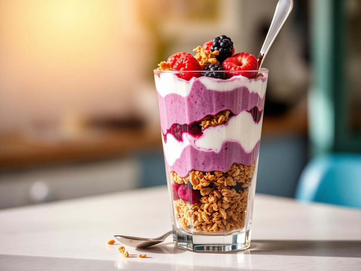 Tall glass parfait layered with granola, purple aronia yogurt and berries