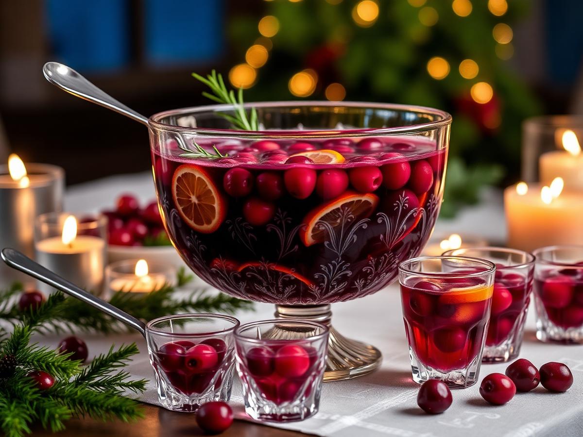 Crystal punch bowl of aronia holiday punch with cranberries and rosemary