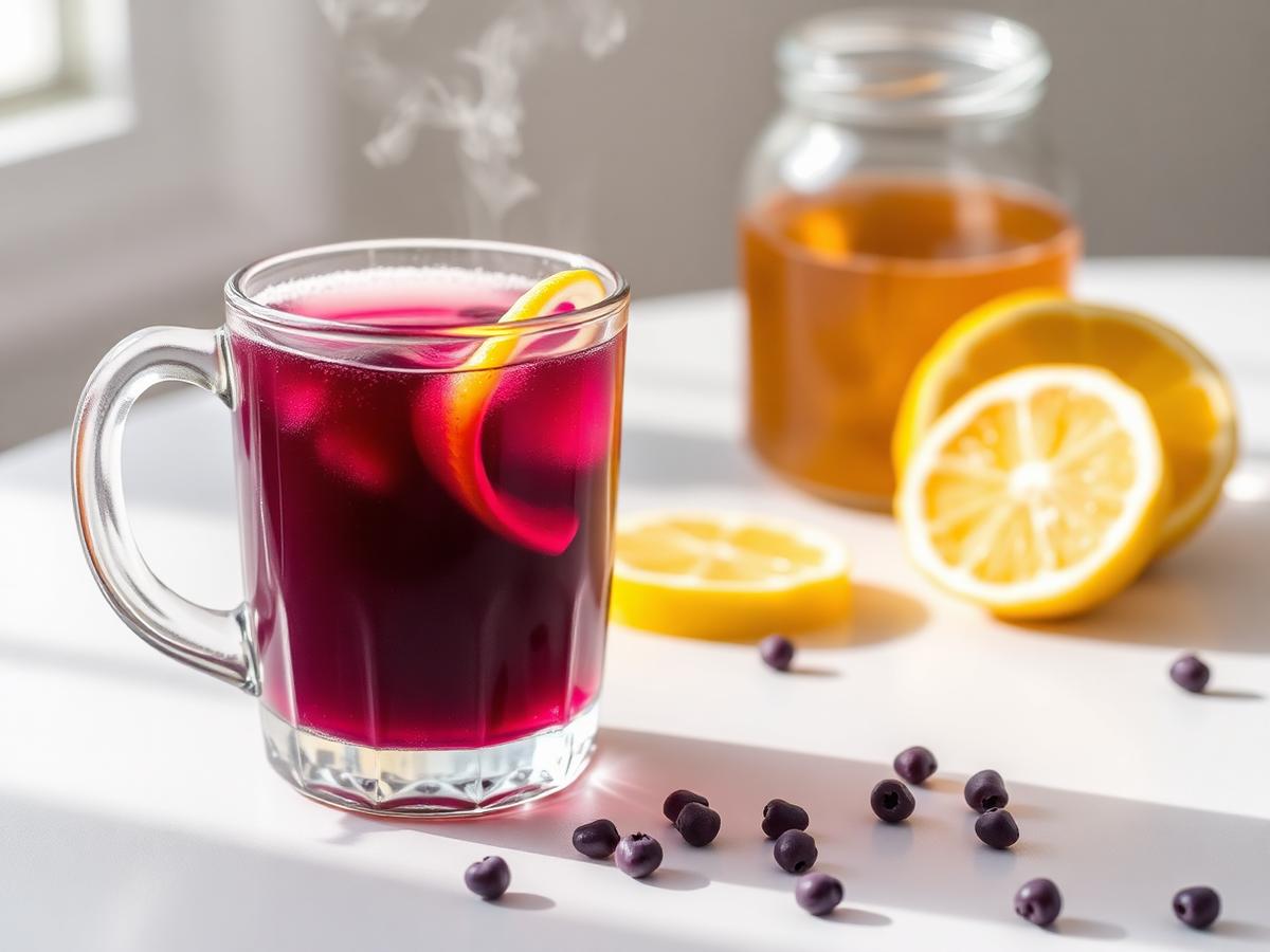 Glass mug of hot aronia honey lemon drink with lemon slices and a honey jar