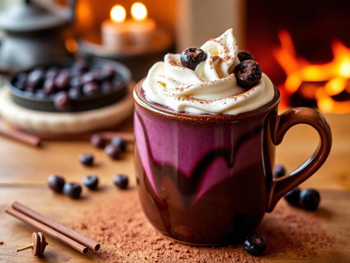 Mug of dark aronia hot chocolate with whipped cream and berries