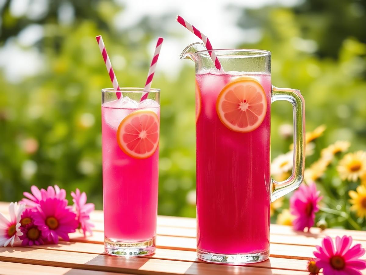 Pitcher and glass of pink aronia lemonade with lemon wheels and paper straws