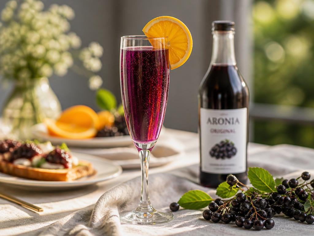 Aronia mimosa in a champagne flute with an orange slice on a sunlit brunch table