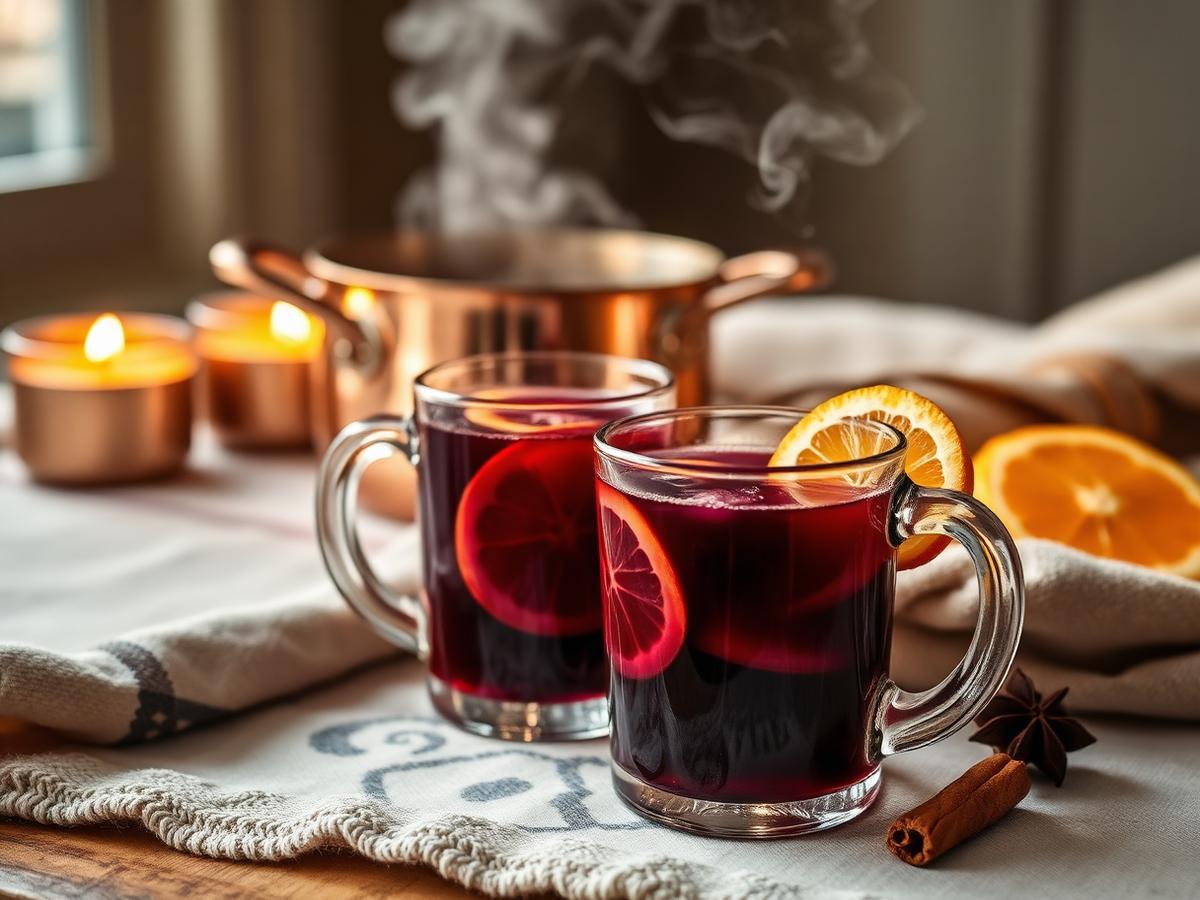 Steaming glass mugs of aronia mulled wine with orange slices and cinnamon