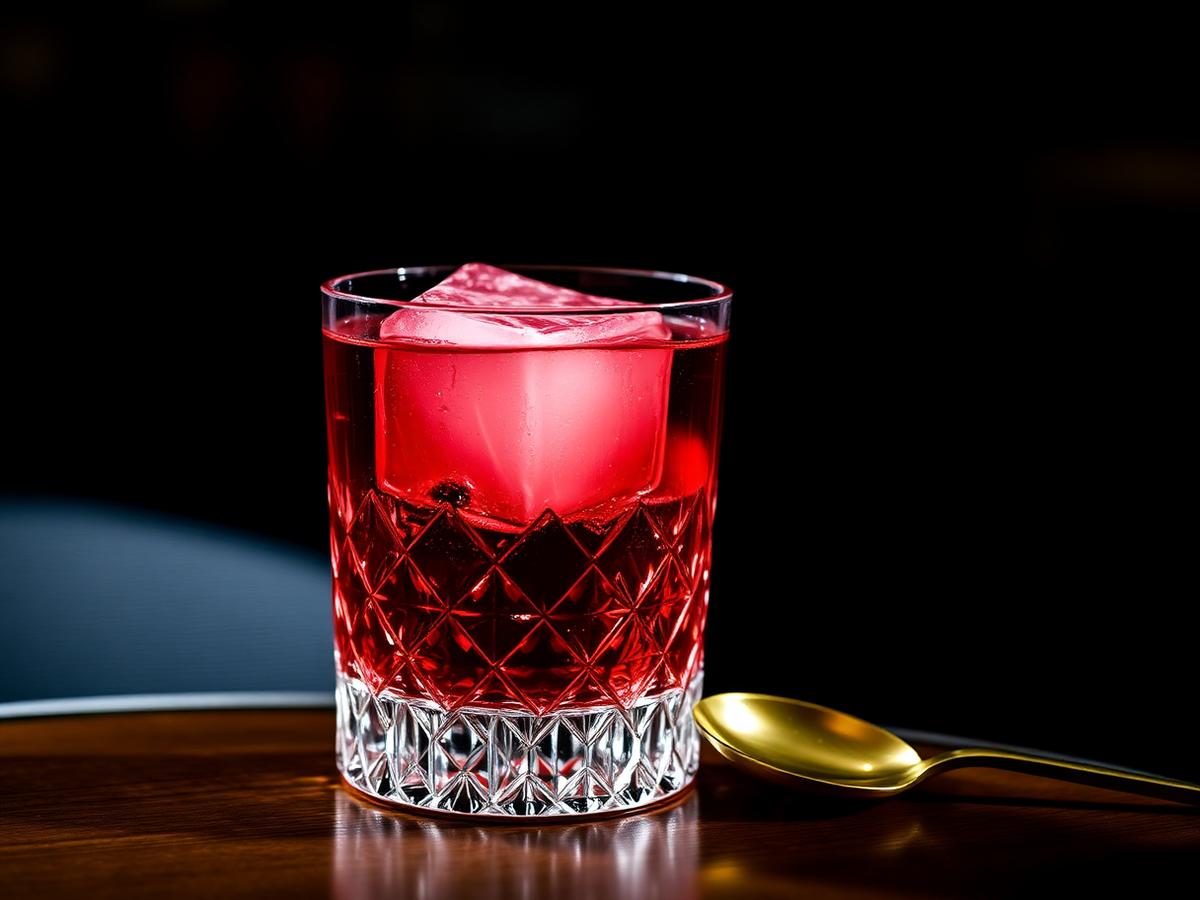Aronia negroni in a cut crystal tumbler over a single large ice cube