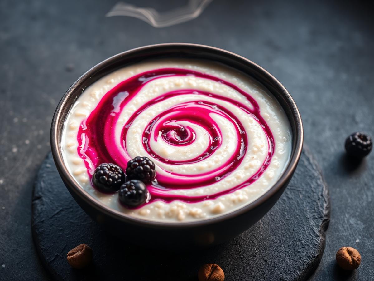 Dark bowl of creamy porridge with a bright aronia spiral and hazelnuts