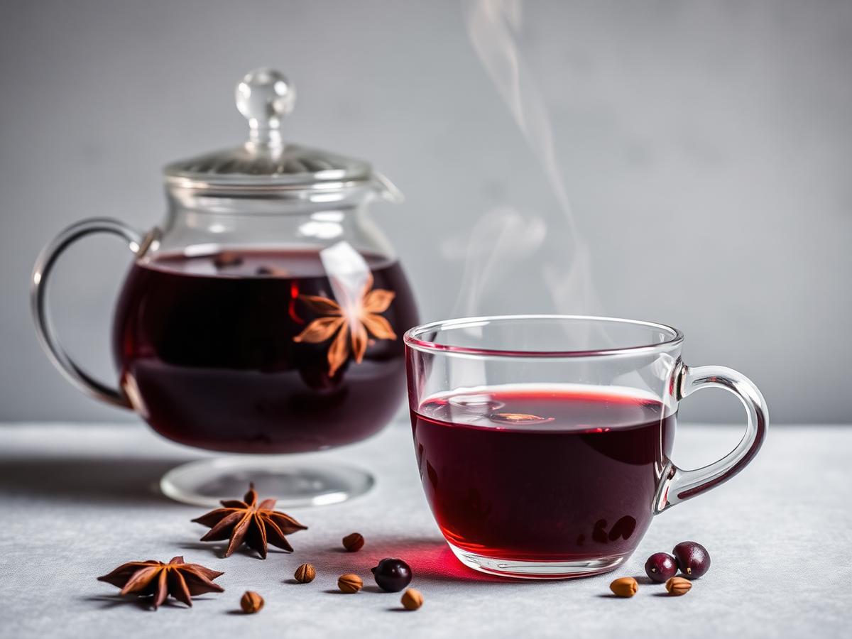Glass teapot and cup of deep red aronia spiced tea with star anise