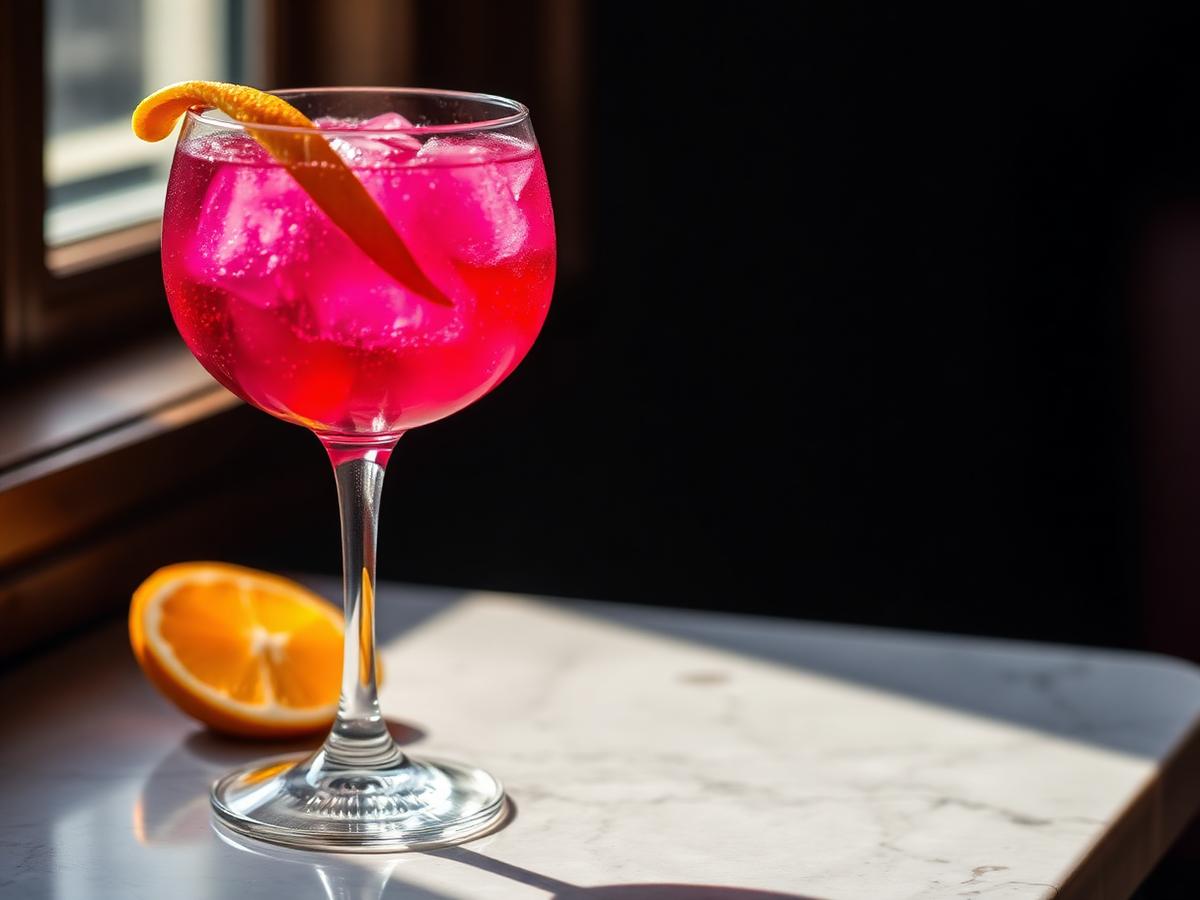Aronia spritz in a stemmed wine glass with ice and an orange twist