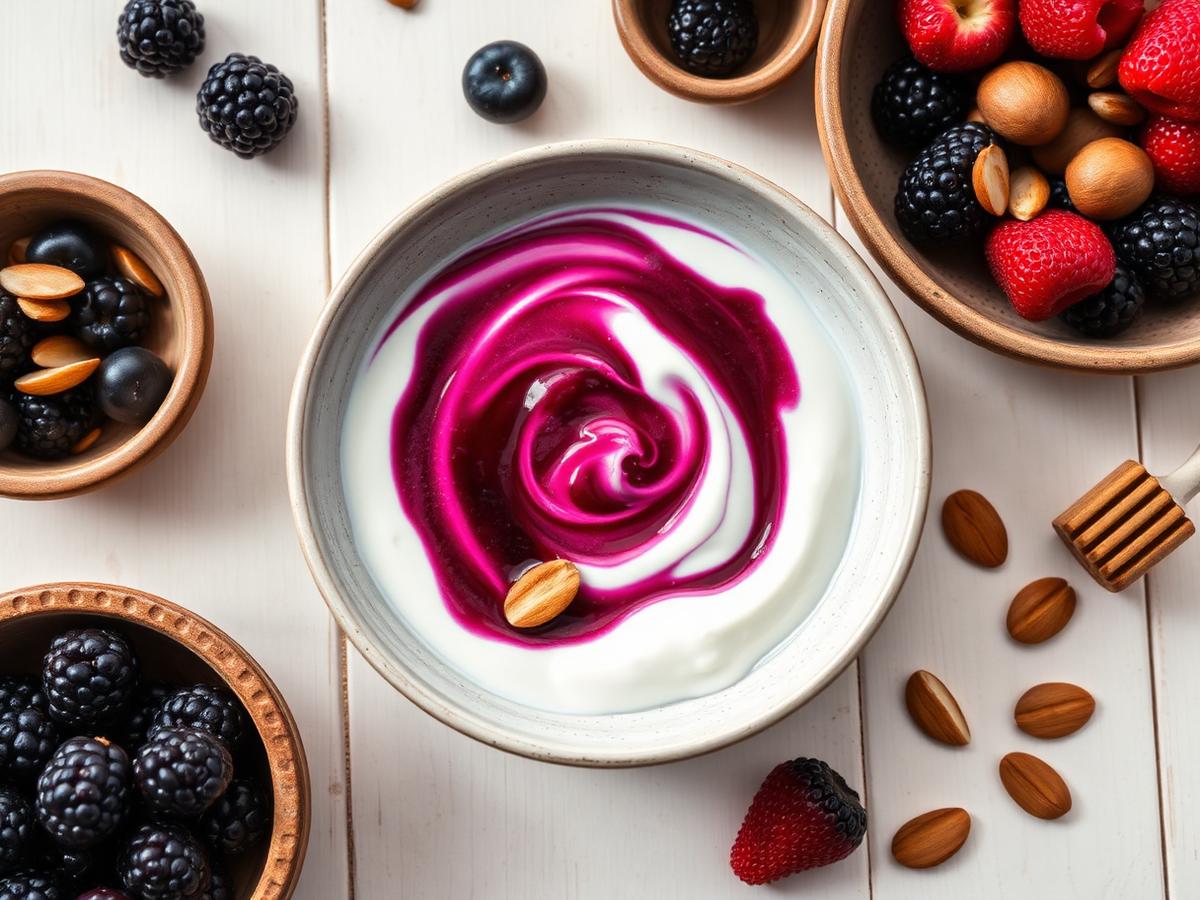 Bowl of thick yogurt with a deep purple aronia swirl, berries and almonds
