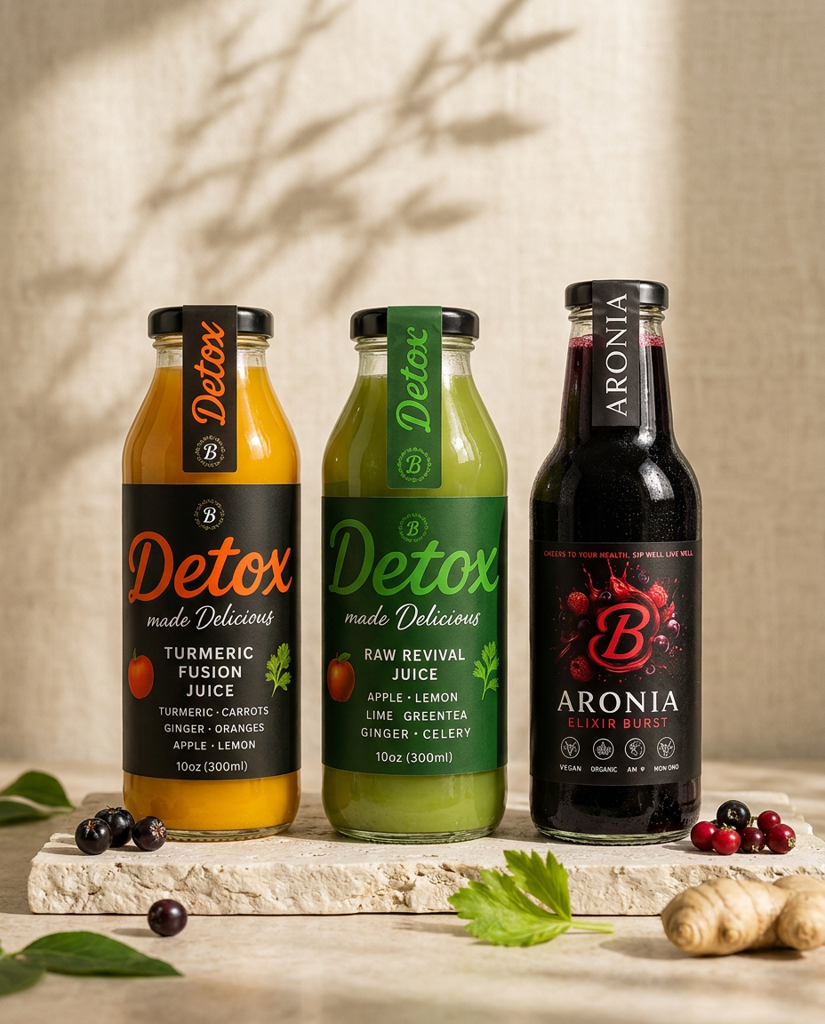 ElixirBurst Half-Day Detox Pack of four glass juice bottles