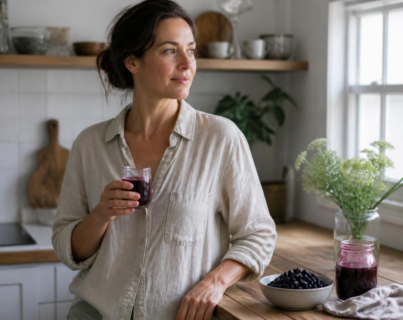 A woman at a sunlit kitchen counter holding a small glass of aronia juice as part of her daily routine
