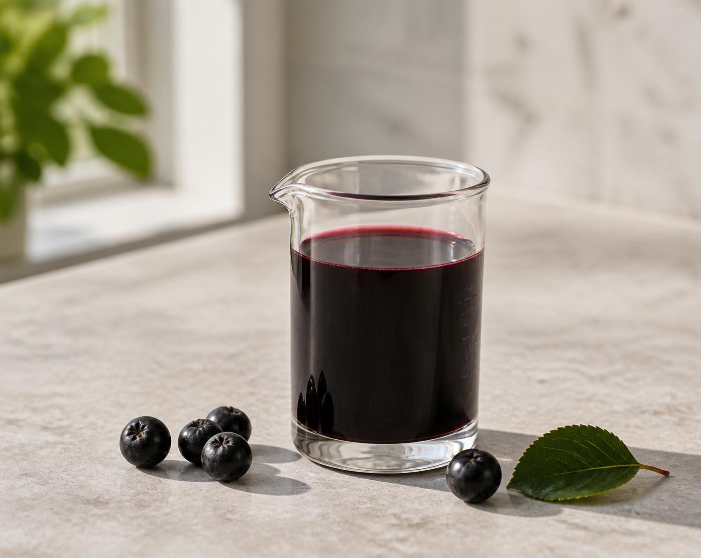 A measured 100 ml serving of aronia juice in a glass beaker on a stone counter
