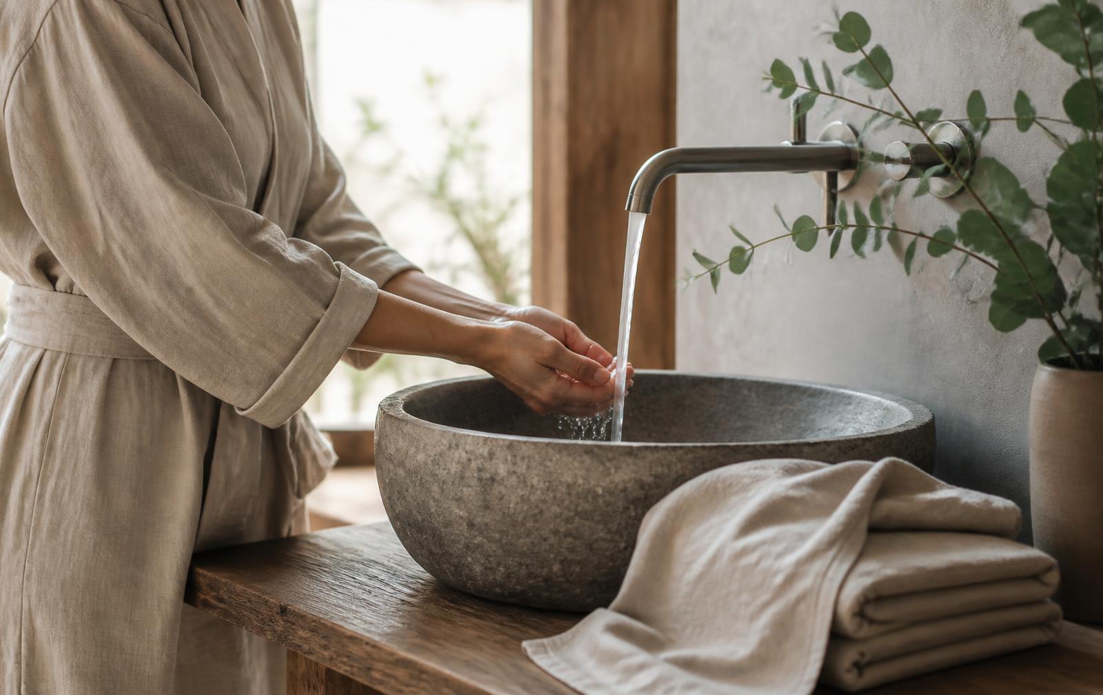 Hands under running water at a stone basin in a calm, spa-like room