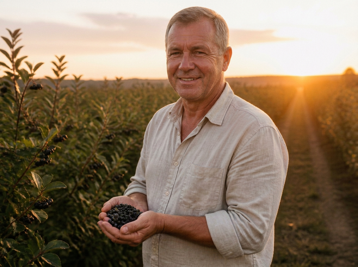 Dragan, founder of ElixirBurst, walking through an aronia orchard