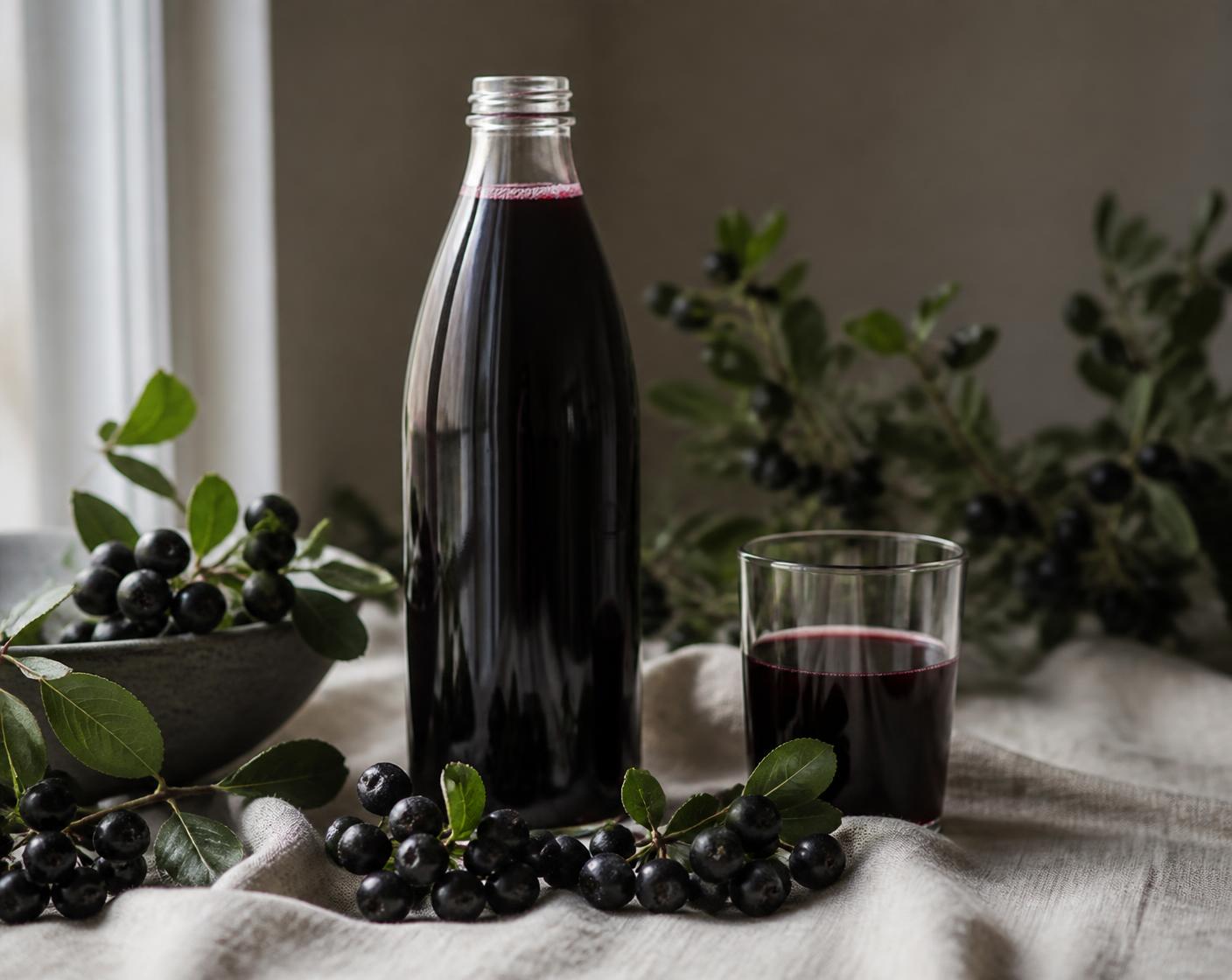 A glass bottle of dark aronia juice on linen beside a filled tasting glass and fresh berries in window light