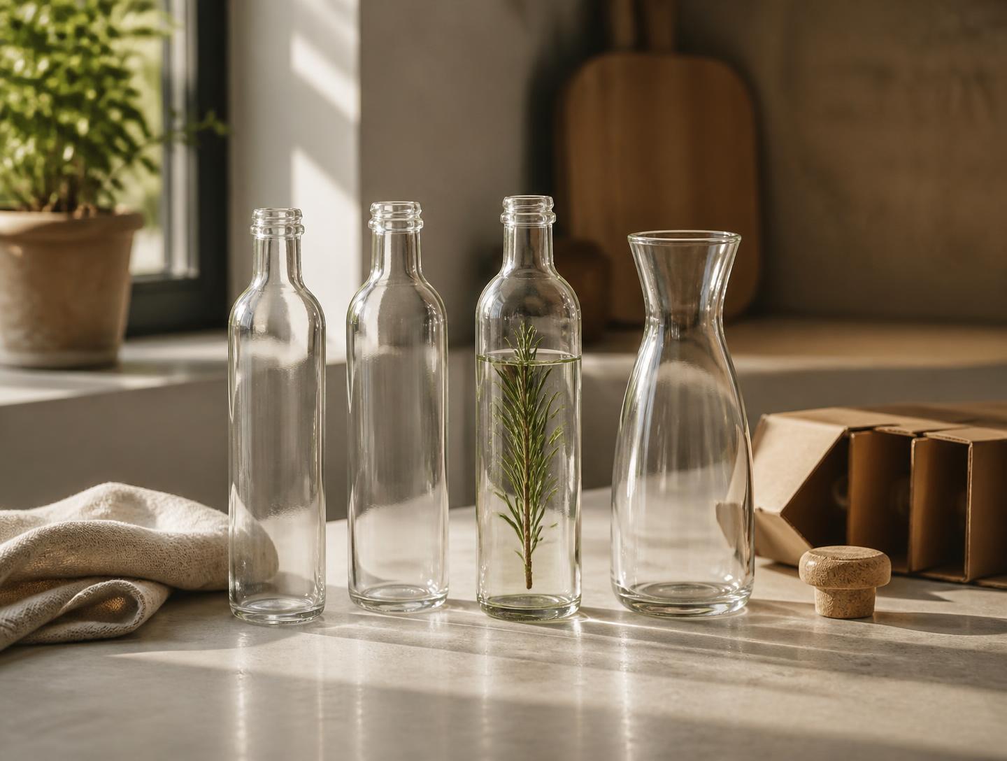 Clear reusable glass bottles and a glass carafe on a sunlit kitchen counter, one reused as a herb carafe, beside a kraft carton and cork stopper