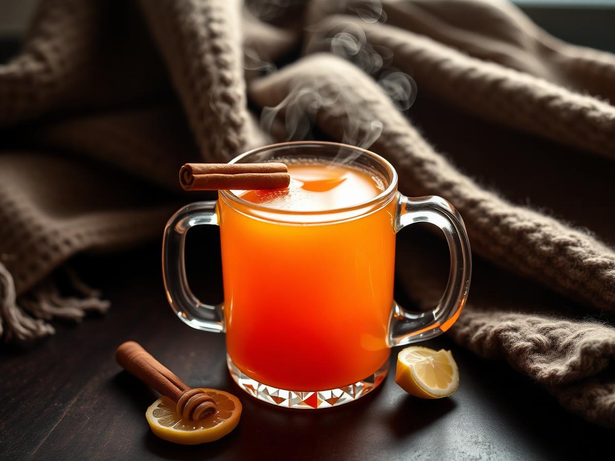 Warm aronia turmeric toddy in a glass mug with a cinnamon stick