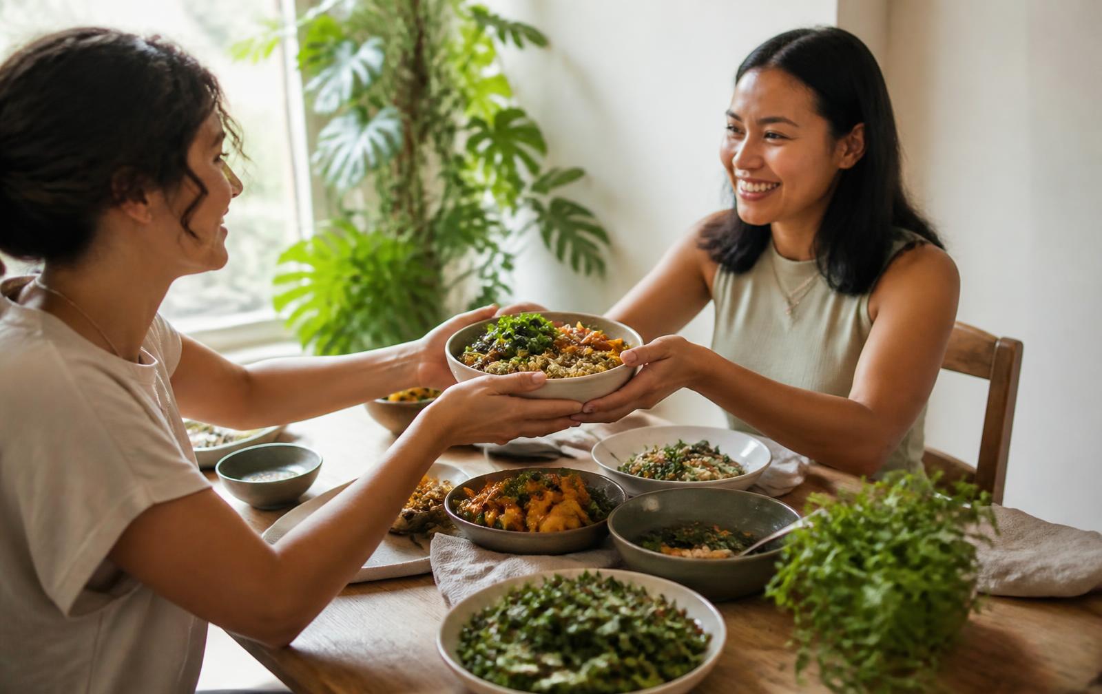 Two friends sharing a balanced home-cooked meal at a wooden table