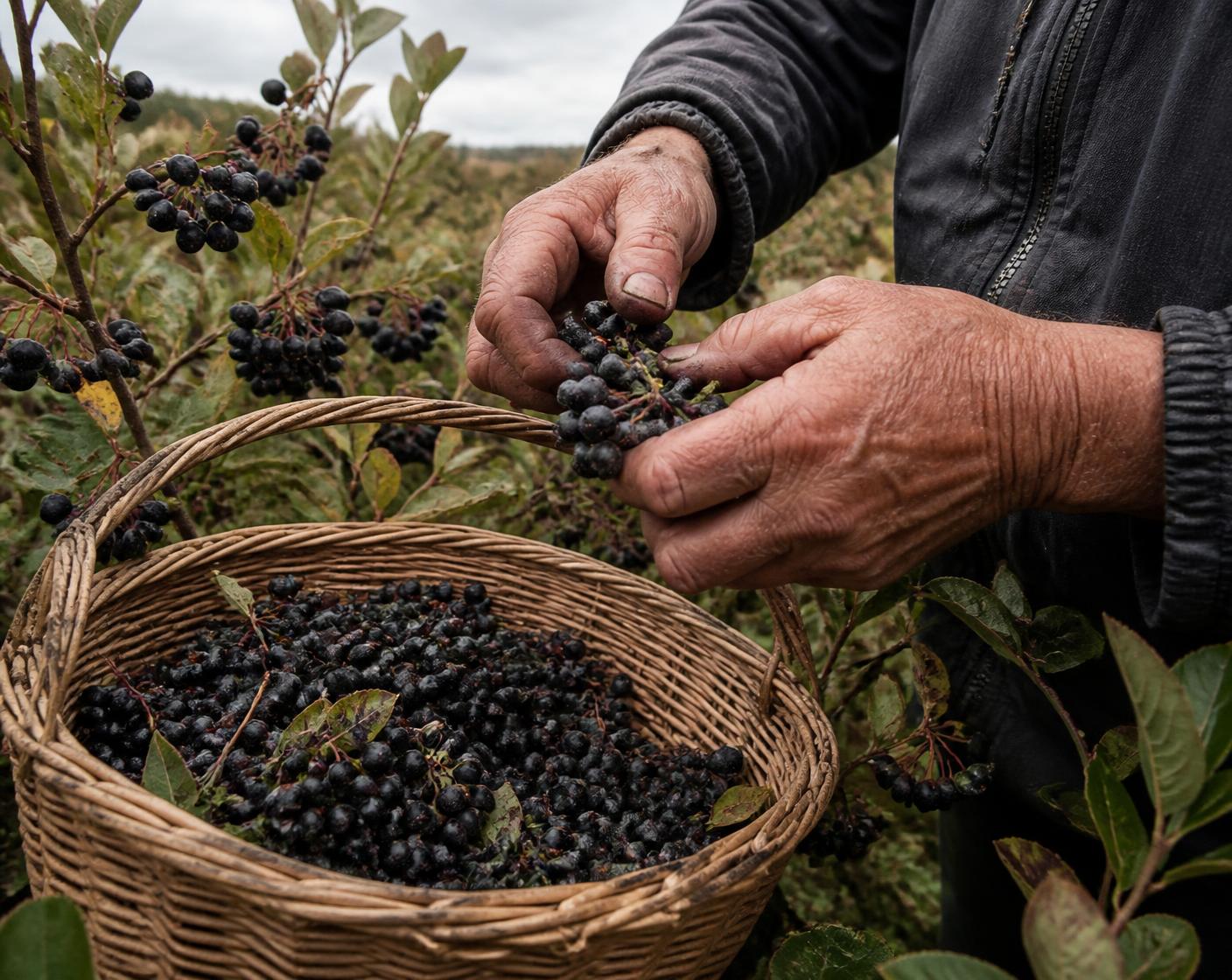 A farmer's weathered hands picking ripe aronia berries into a woven harvest basket