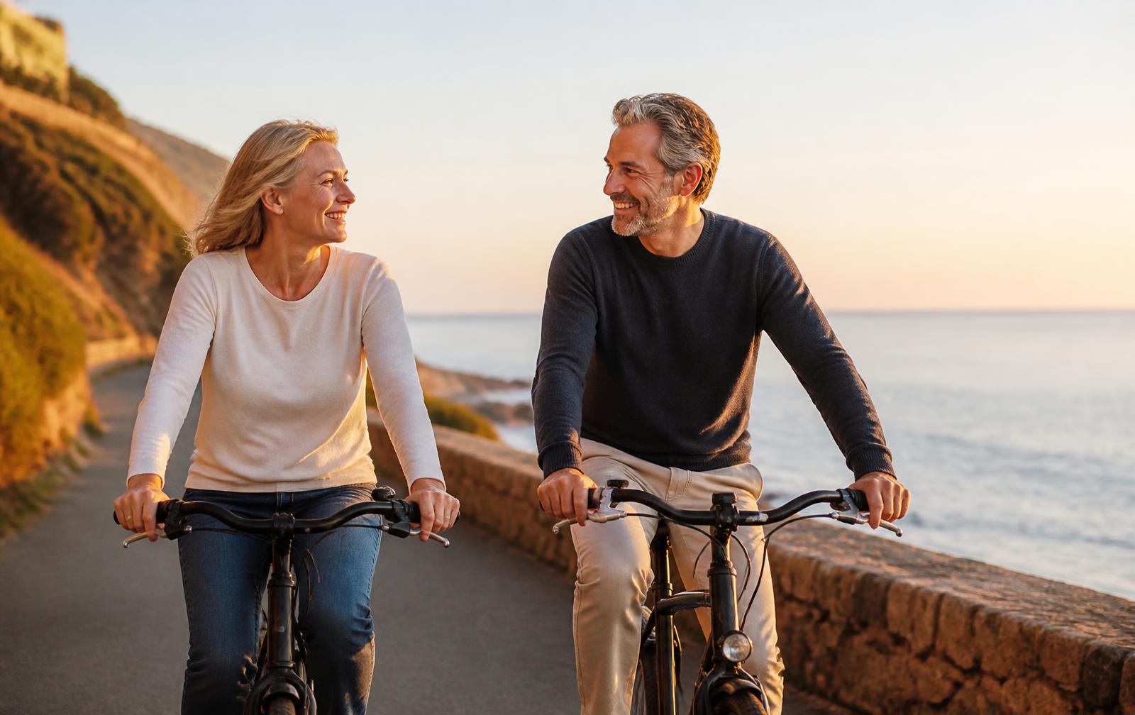 A couple cycling side by side along a coastal path at golden hour