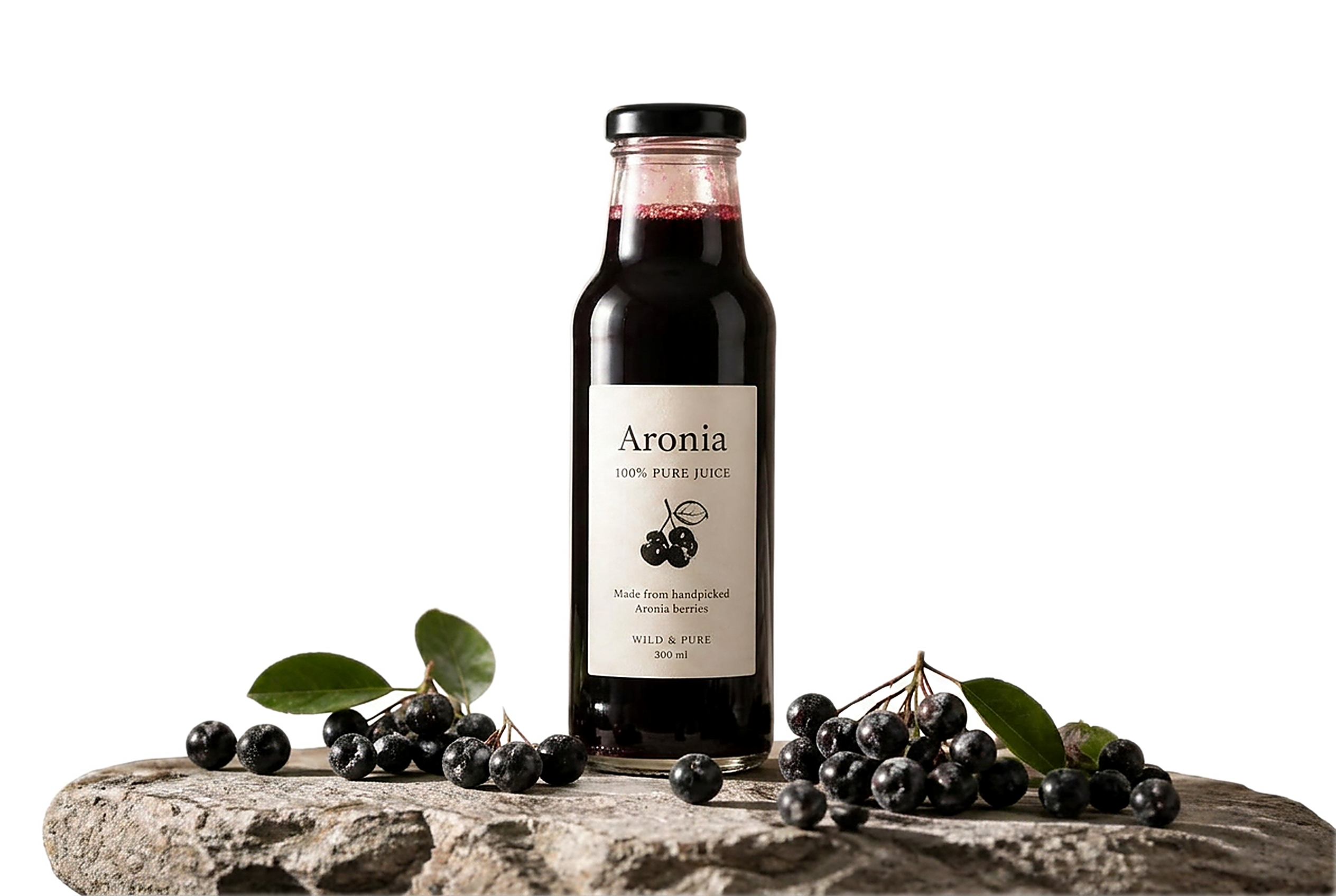 A finished bottle of ElixirBurst aronia juice