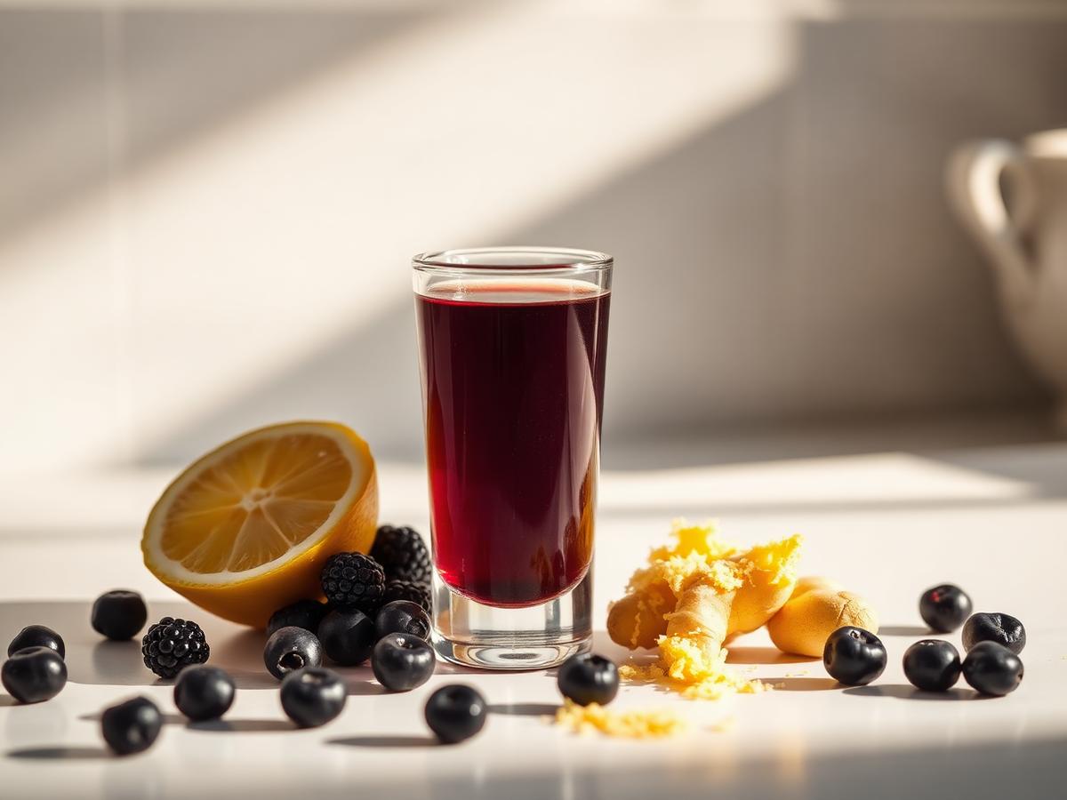 Small glass of deep purple aronia wellness shot with lemon and ginger