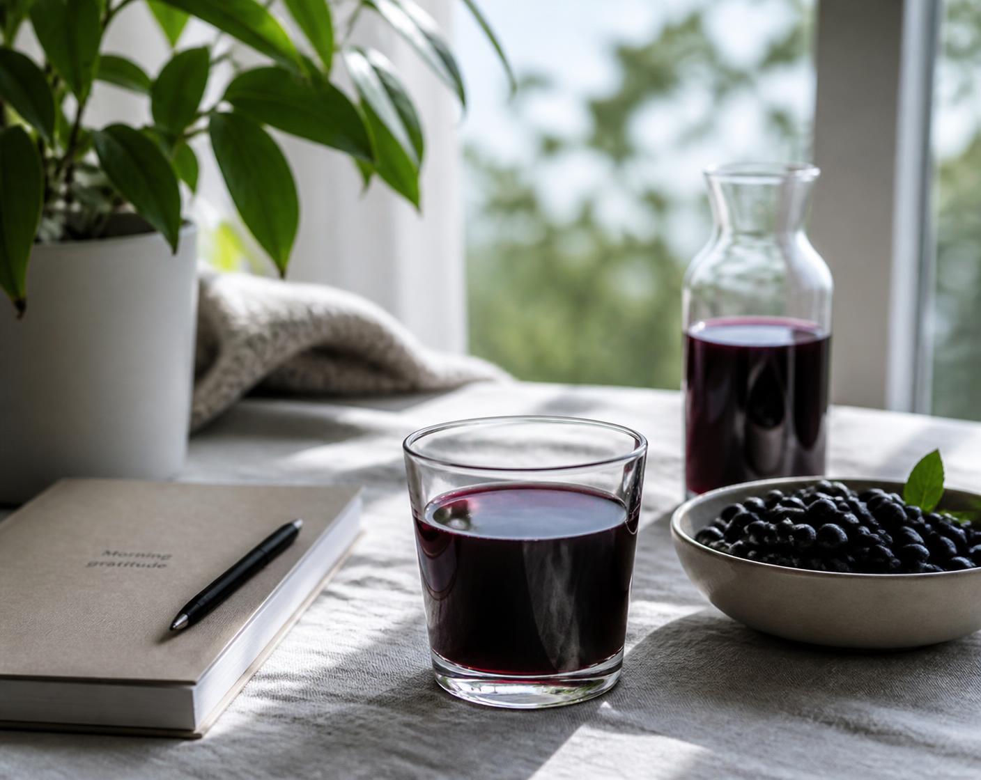A glass of dark aronia juice, a carafe and a bowl of berries on a linen table in morning light