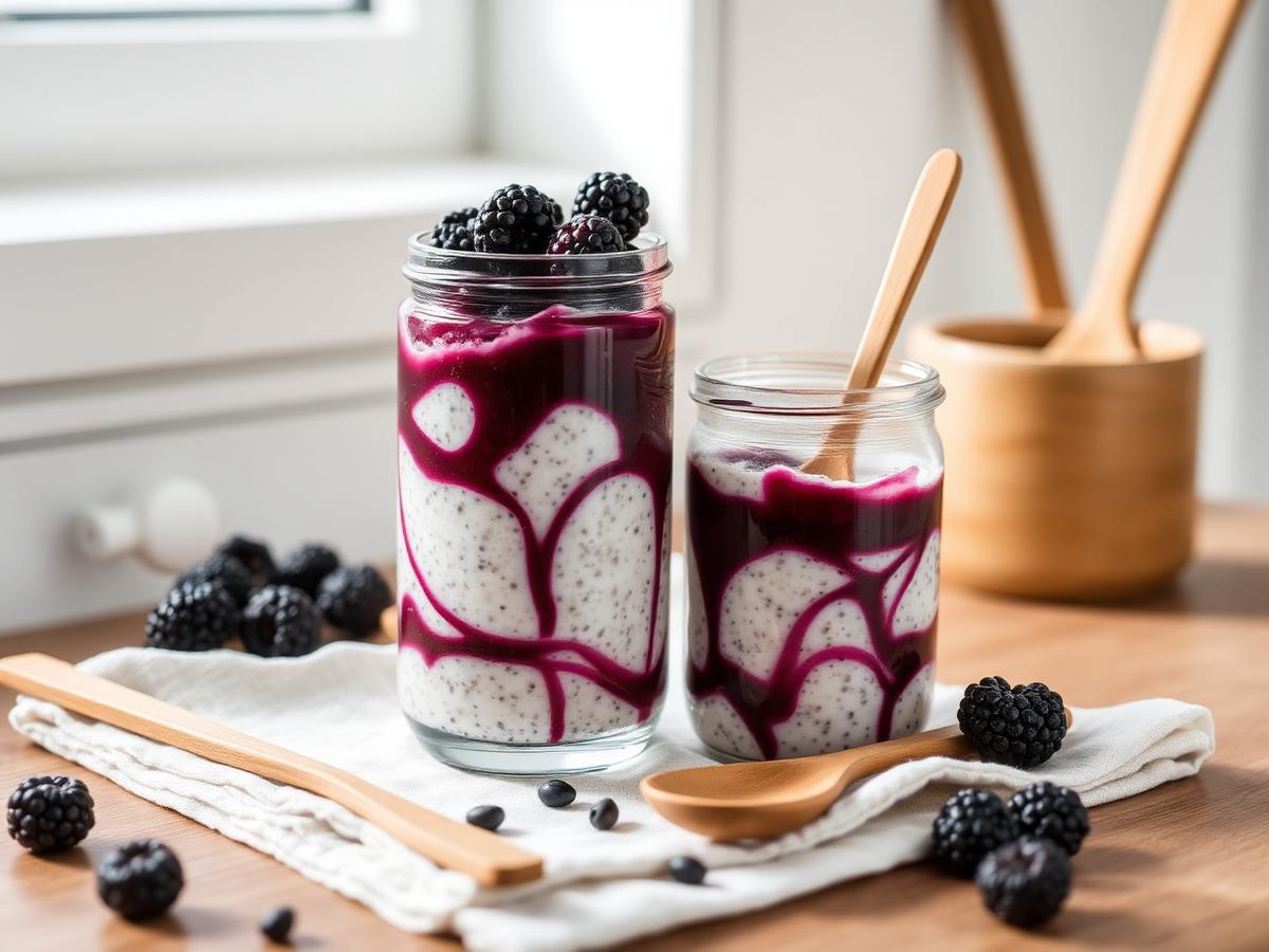 Two jars of overnight oats streaked with deep purple aronia juice