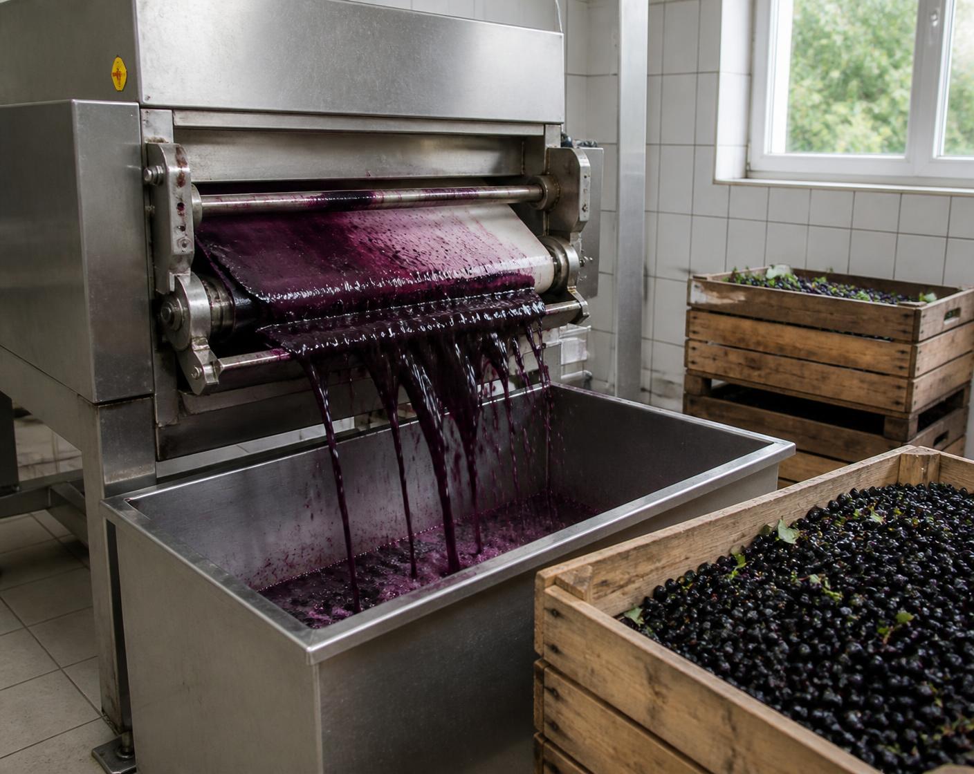 Deep purple aronia juice running from a stainless steel belt press beside crates of fresh berries