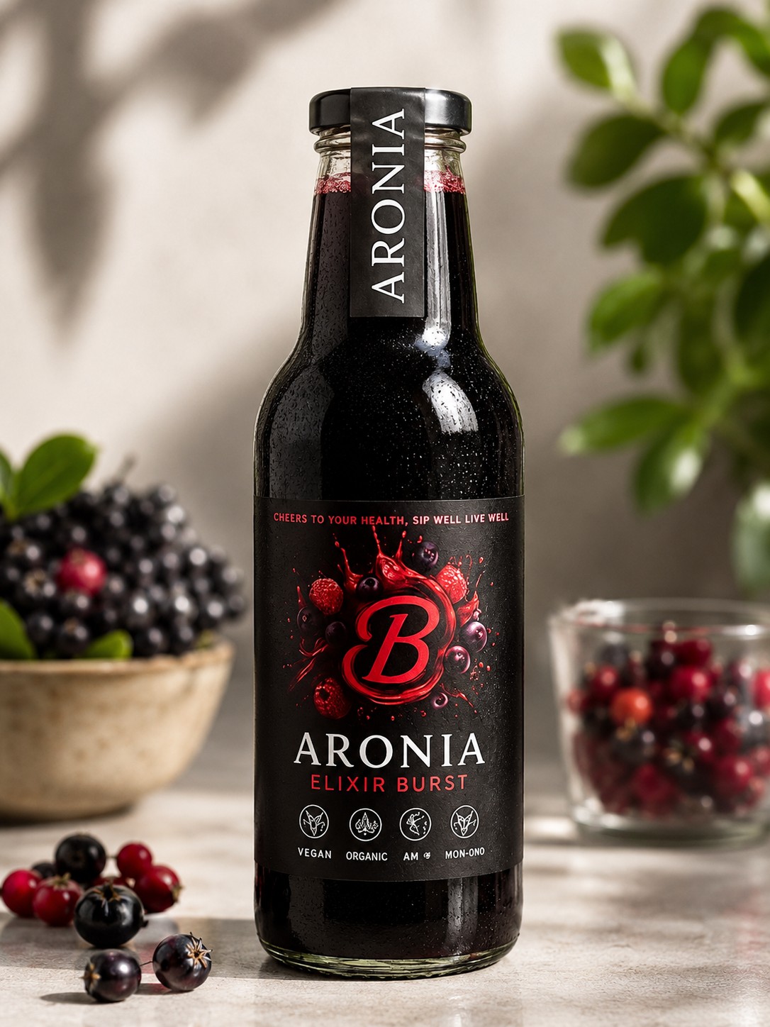 Bottle of ElixirBurst Aronia Pure organic aronia berry juice