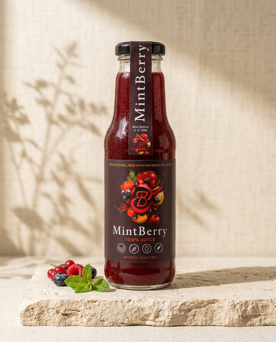 Bottle of ElixirBurst MintBerry organic juice