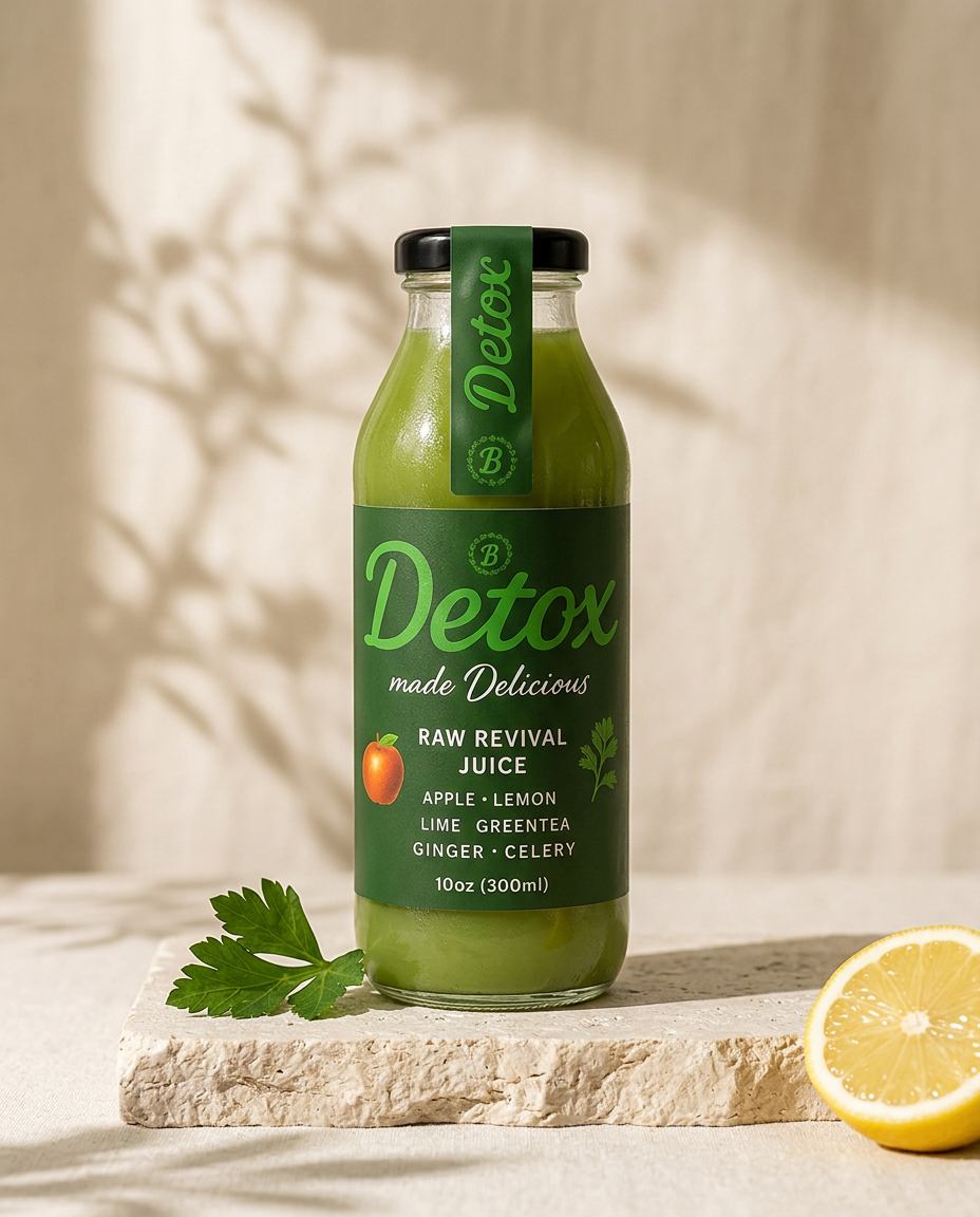 Bottle of ElixirBurst Raw Revival juice