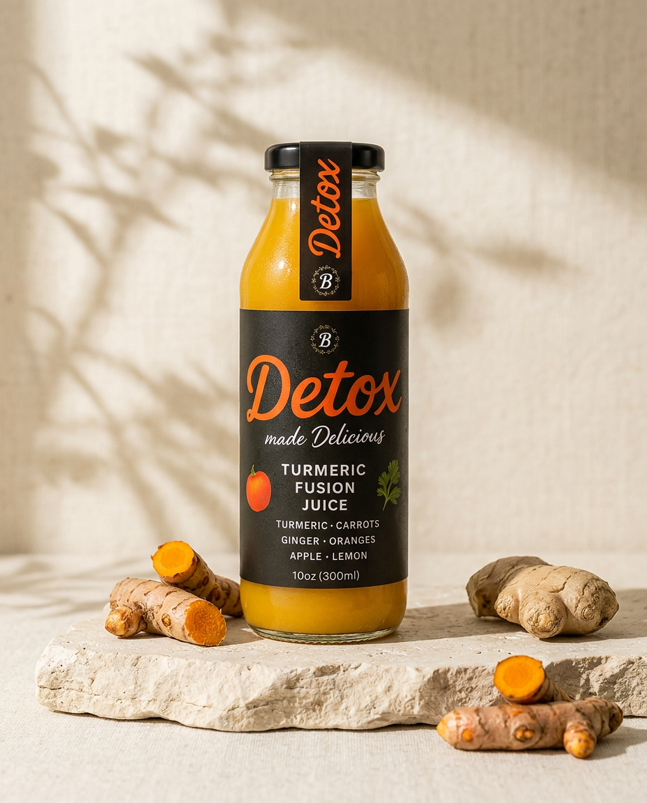 Bottle of ElixirBurst Detox Turmeric Fusion juice