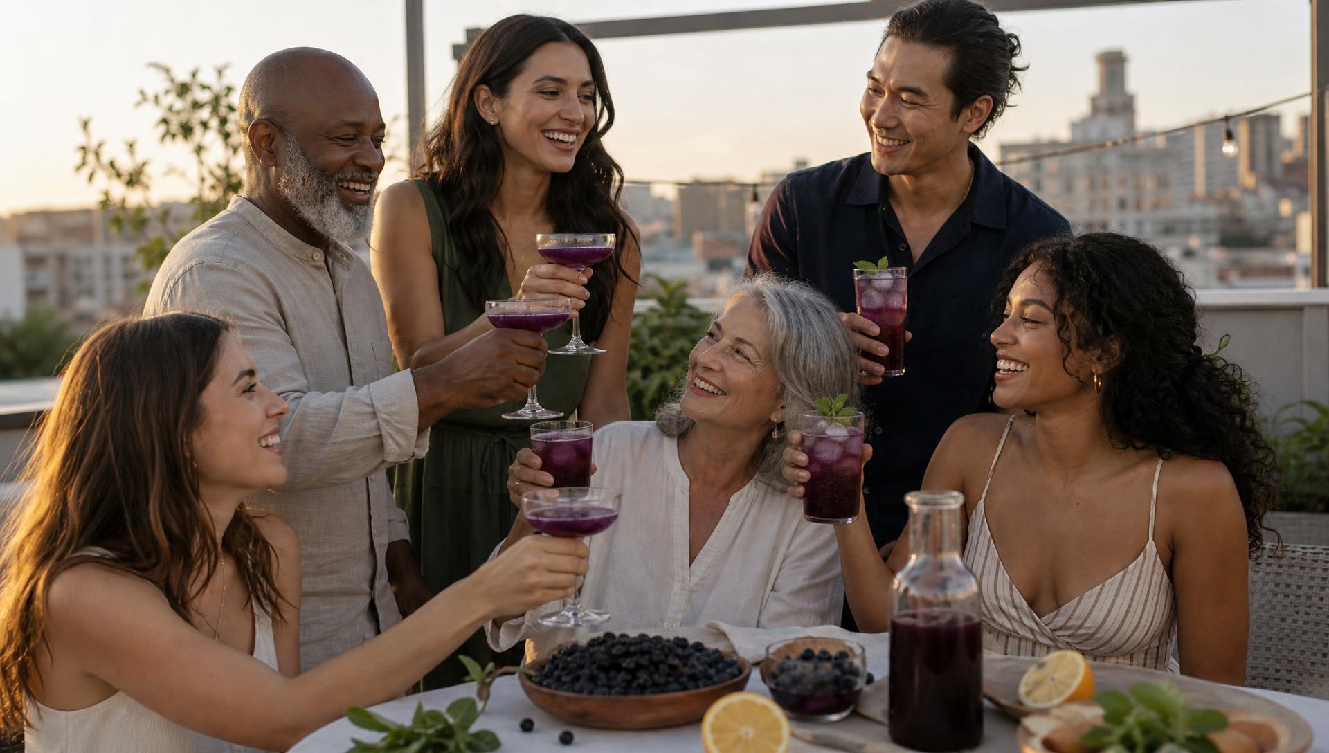 Friends raising deep purple aronia drinks together around a sunlit table