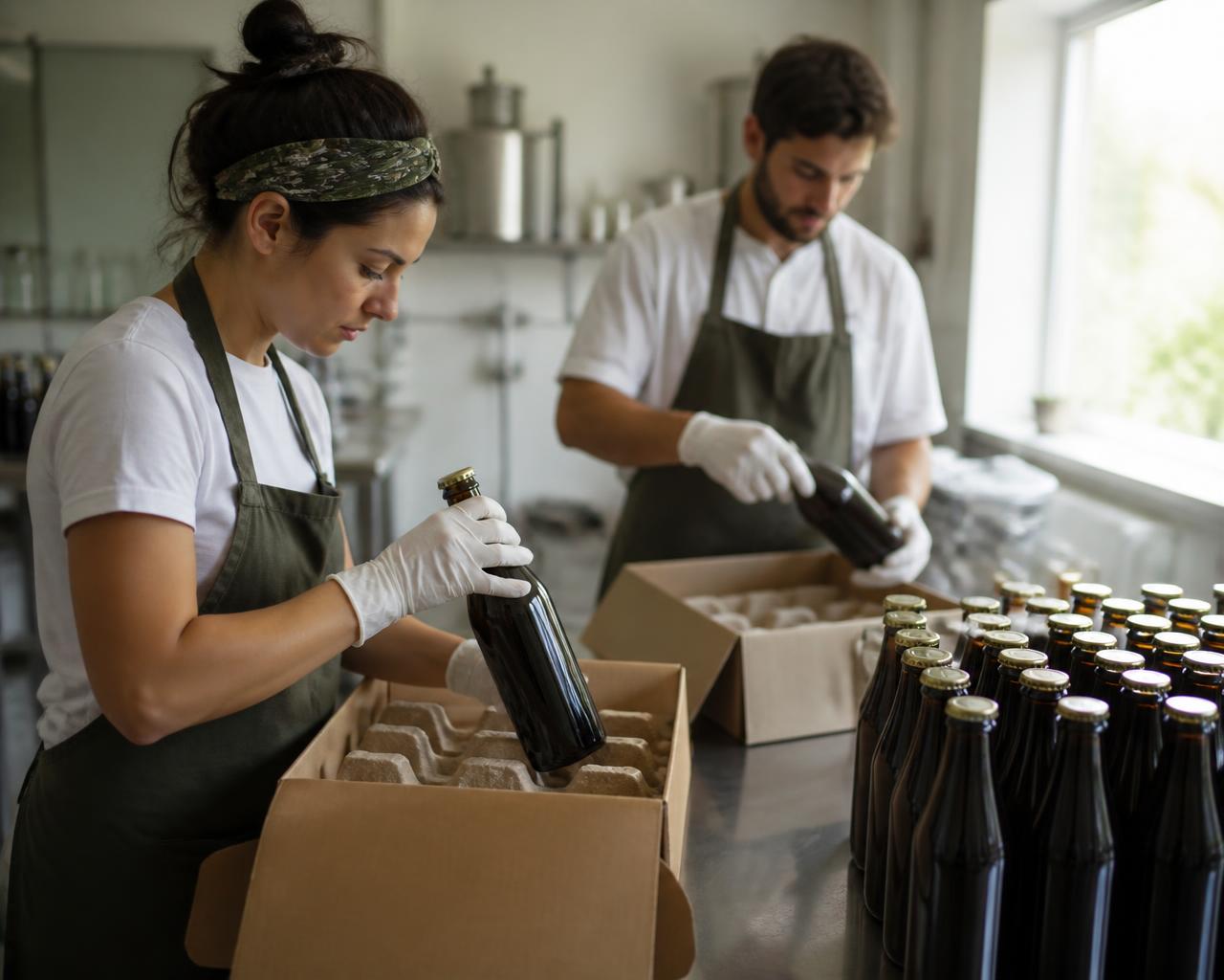 Gloved workers carefully inspecting and hand-packing glass juice bottles into molded pulp trays