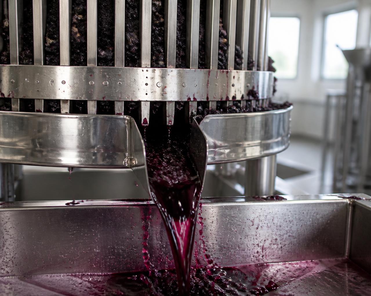 Deep purple aronia juice streaming from a stainless steel fruit press into a catch basin