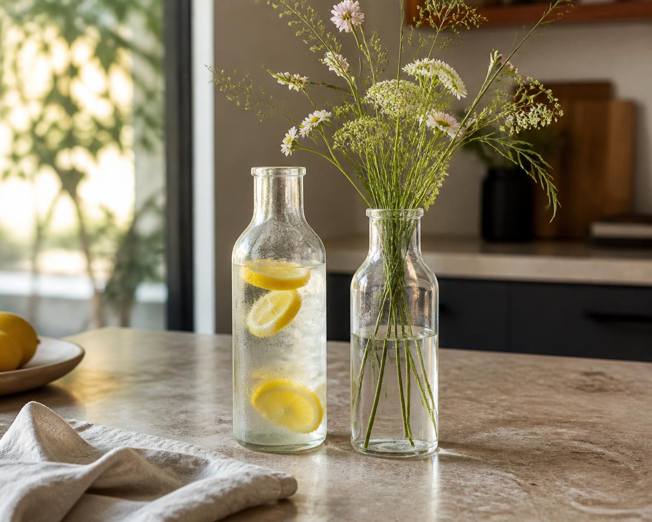 An empty juice bottle reused as a lemon water carafe beside another holding wildflowers