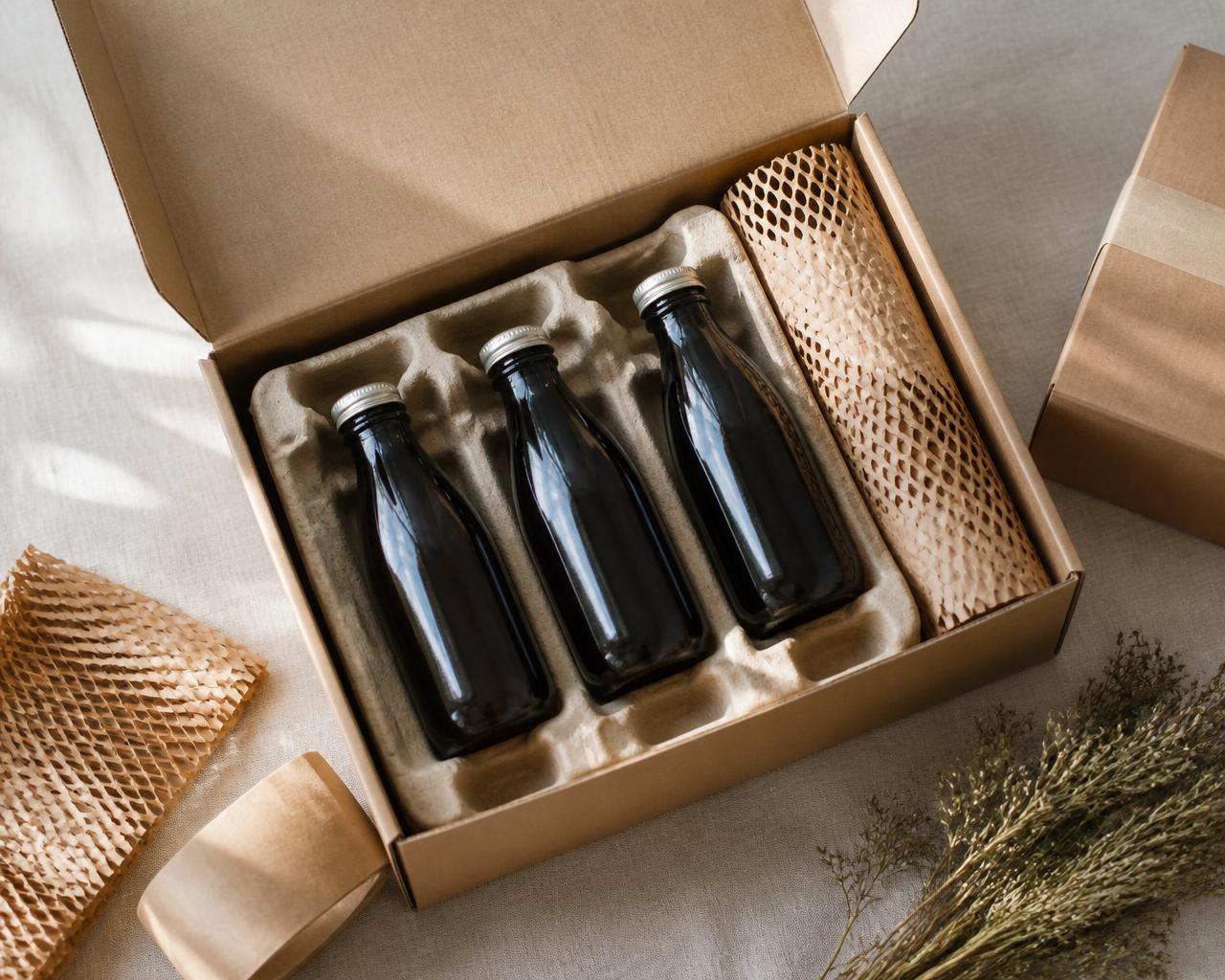 Recycled kraft shipper with molded pulp cradles and honeycomb paper protecting glass bottles