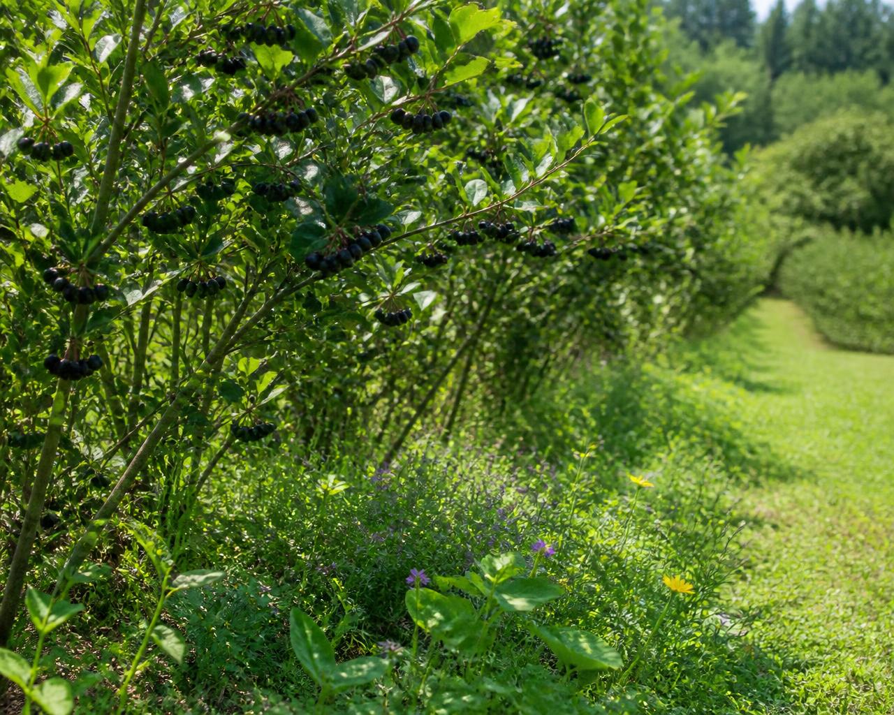 A sunlit aronia orchard row with wildflowers and herbs at the base