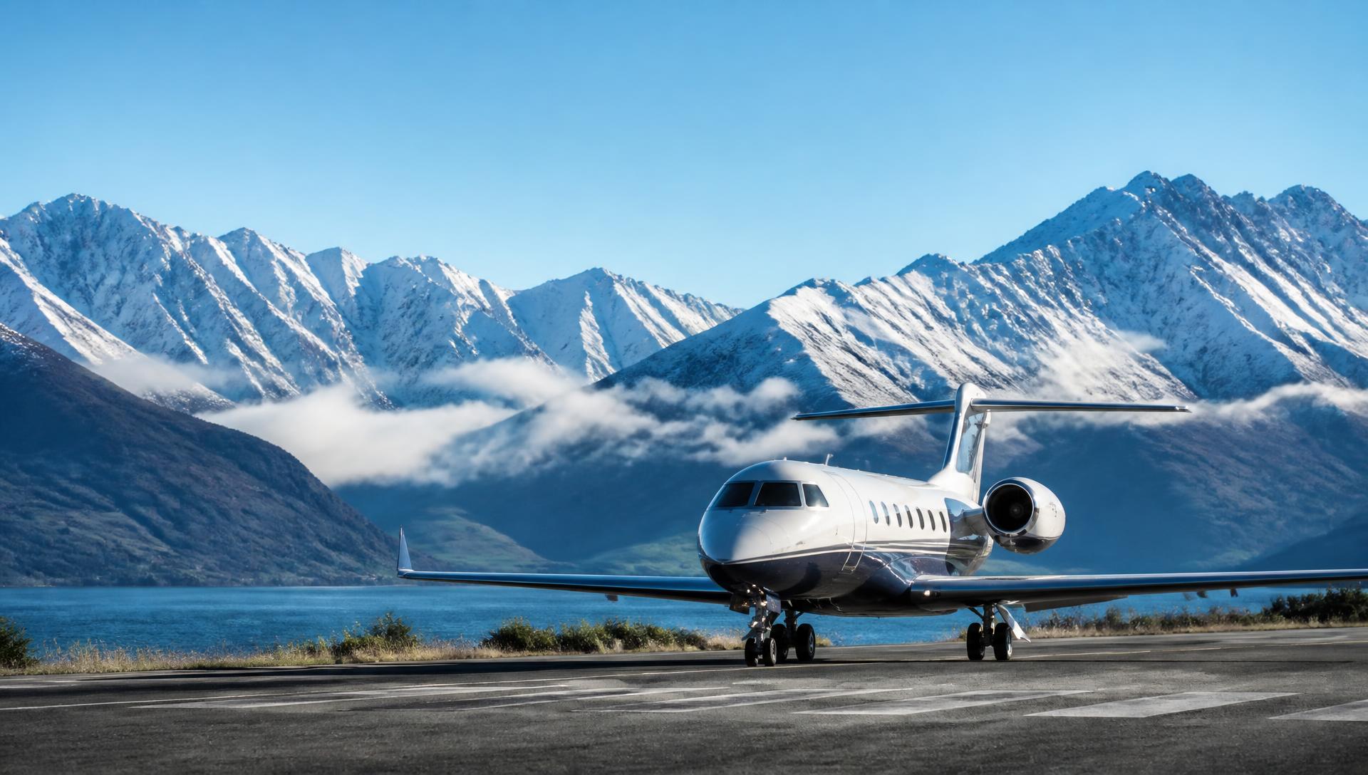A sophisticated private jet on a runway with Queenstown’s snow-capped mountain ranges and alpine lake in the background